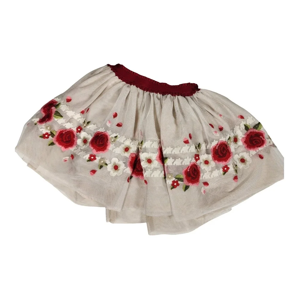 Mayoral Girls Size 8 Cream Tulle Embroidered Rose Floral Tutu Skirt Burgundy Red